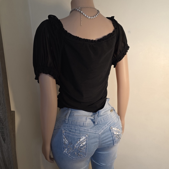 ☆Black Ruched Off-Shoulder Drawstring Crop Top☆ - Picture 3 of 4